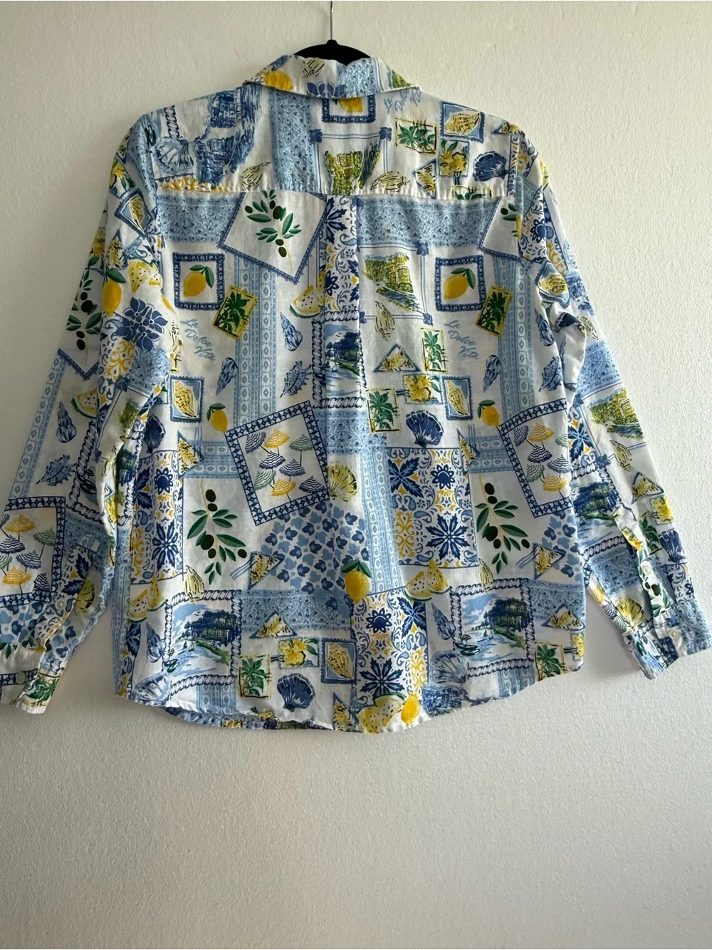 J.Crew Linen Blend Blue Tile Lemon Dolce Vita Amalfi Print Shirt Women M